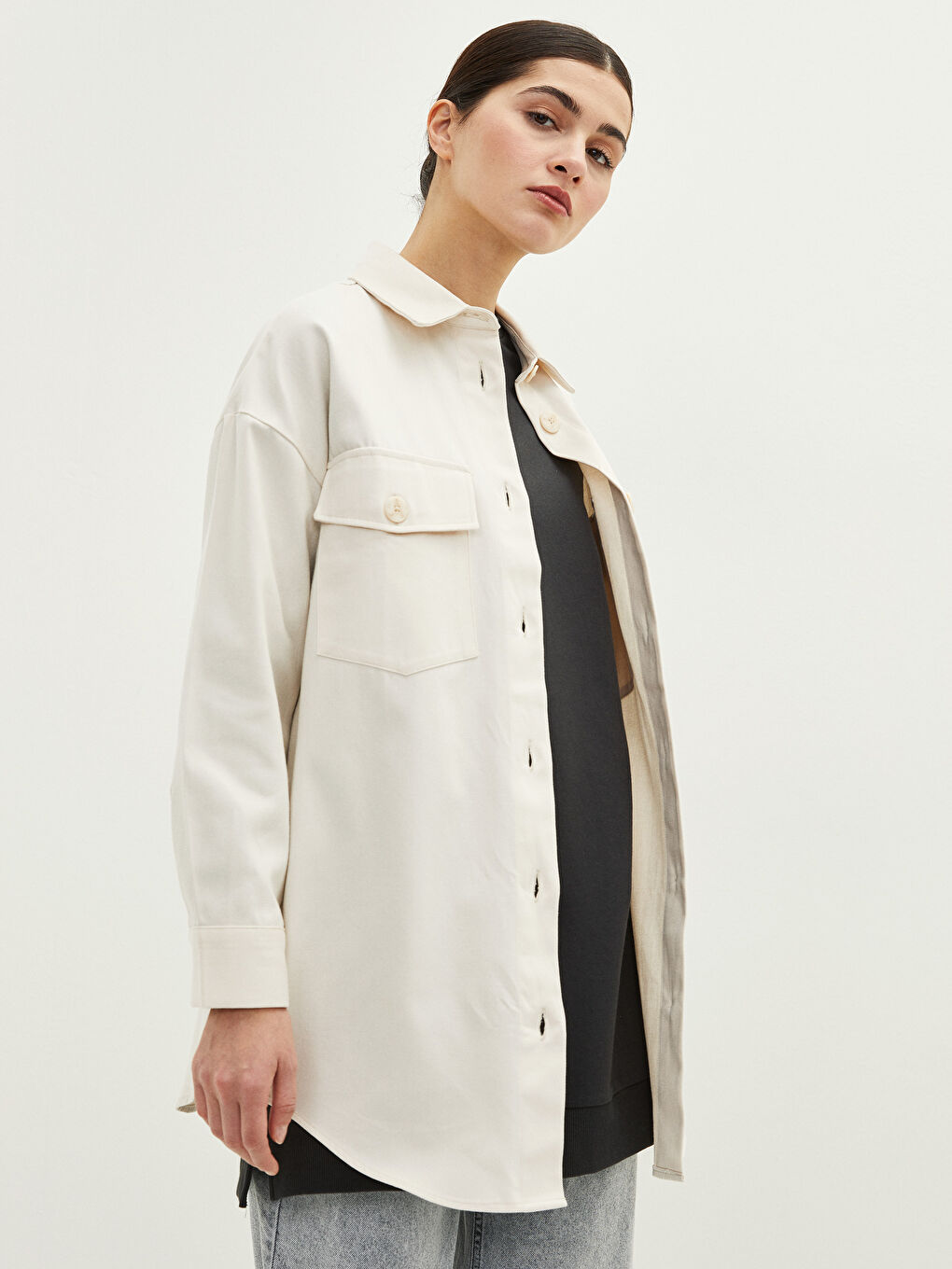 Tunique en chemise unie à manches longues en sergé pour Femmes-1