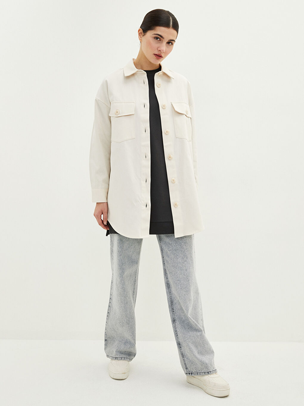 Tunique en chemise unie à manches longues en sergé pour Femmes-2