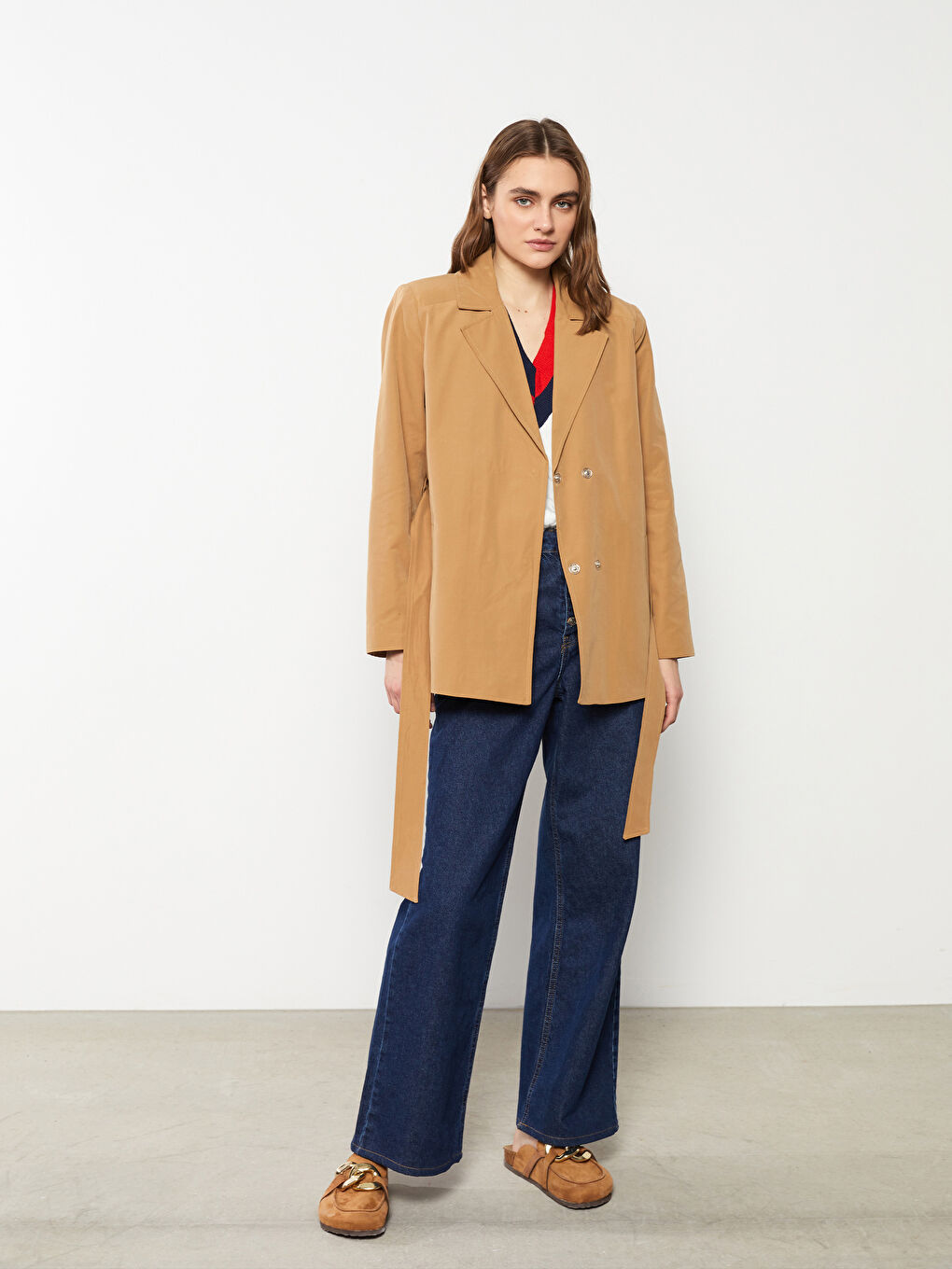 Bej Ceket Yaka Düz Uzun Kollu Kadın Trençkot-1