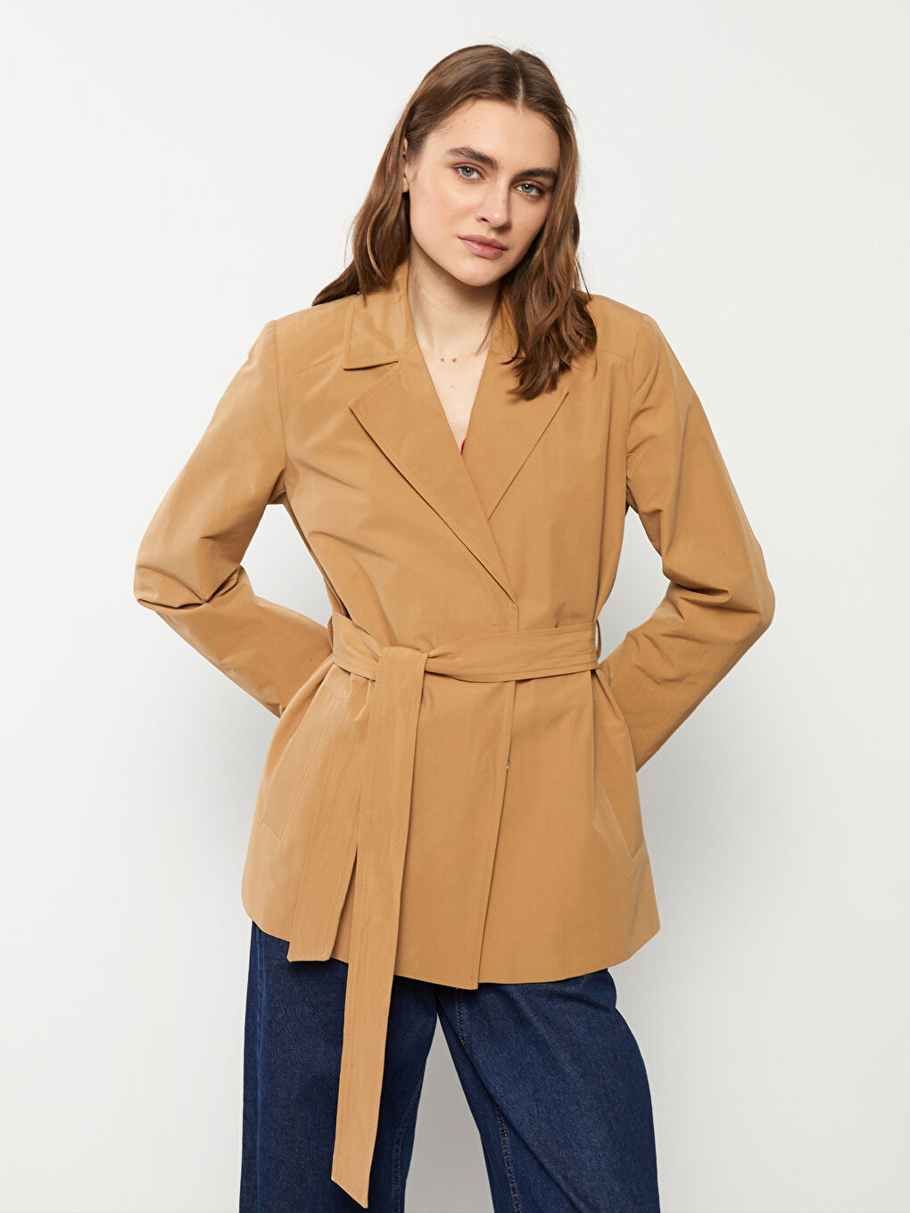 Bej Ceket Yaka Düz Uzun Kollu Kadın Trençkot-2