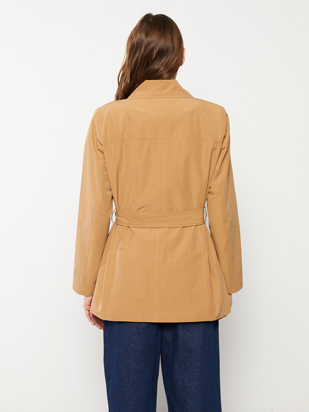 Bej Ceket Yaka Düz Uzun Kollu Kadın Trençkot-5