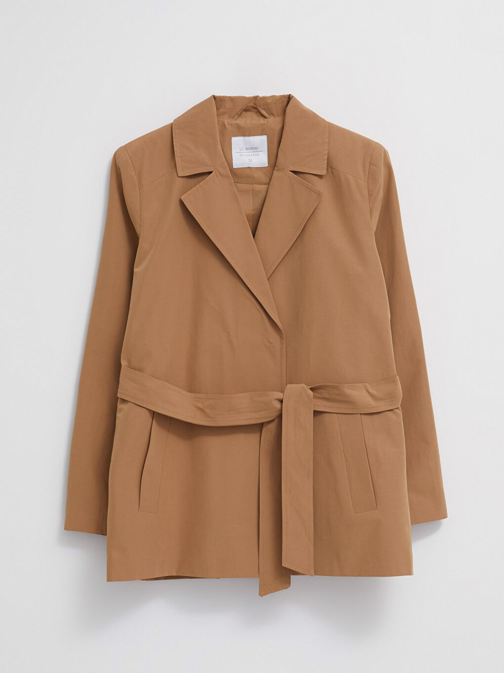 Bej Ceket Yaka Düz Uzun Kollu Kadın Trençkot-6