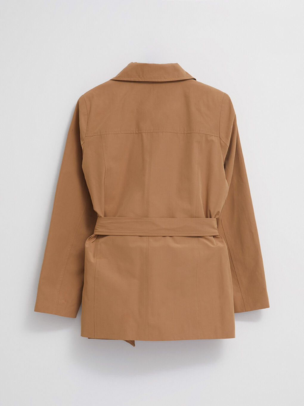 Bej Ceket Yaka Düz Uzun Kollu Kadın Trençkot-7