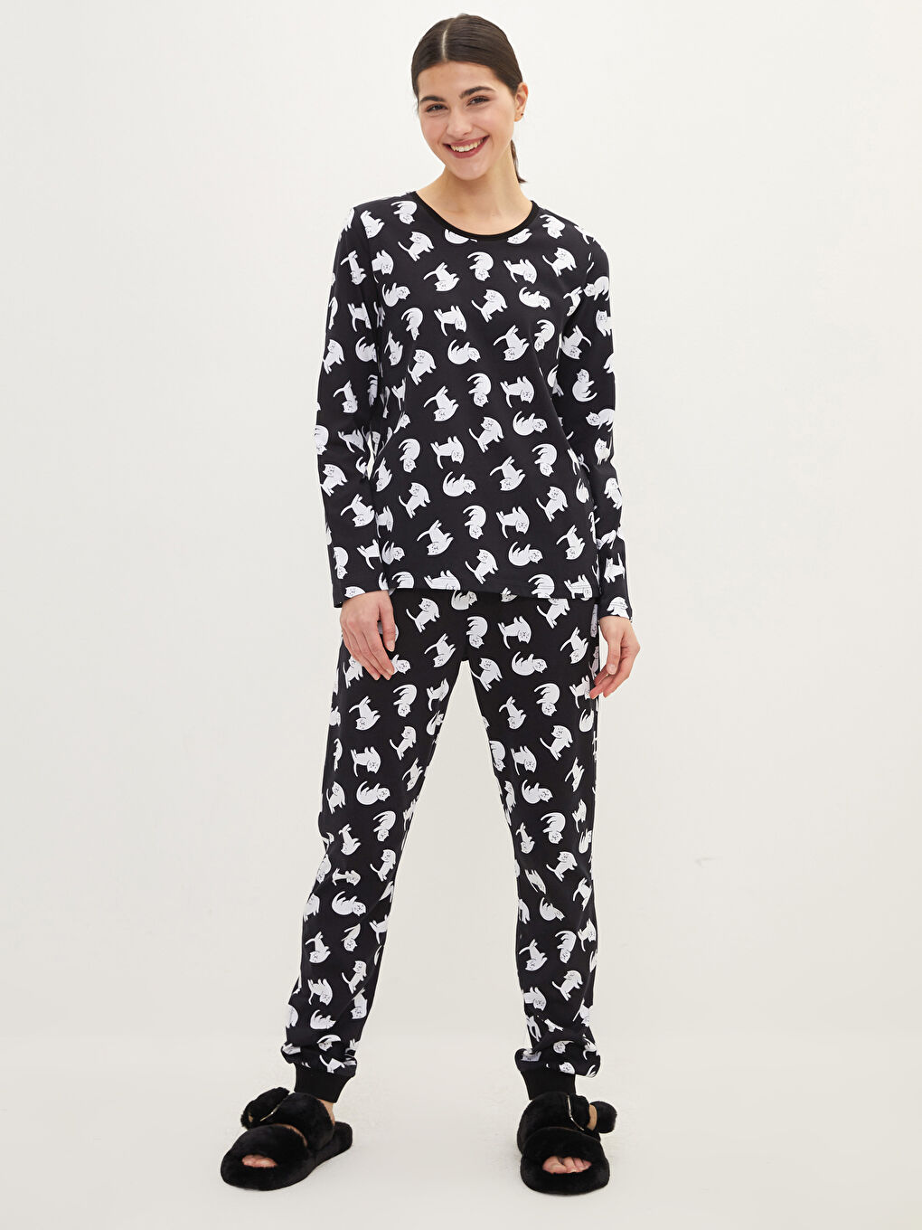 Set de pijama din bumbac cu mânecă lungă imprimată și guler rotund pentru femei-2