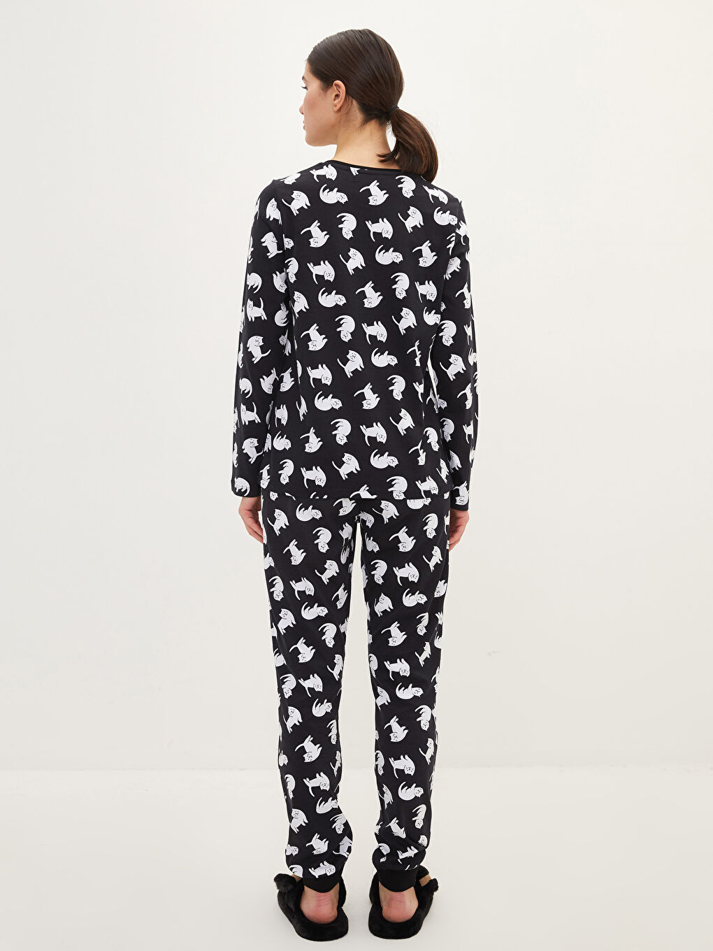 Set de pijama din bumbac cu mânecă lungă imprimată și guler rotund pentru femei-4