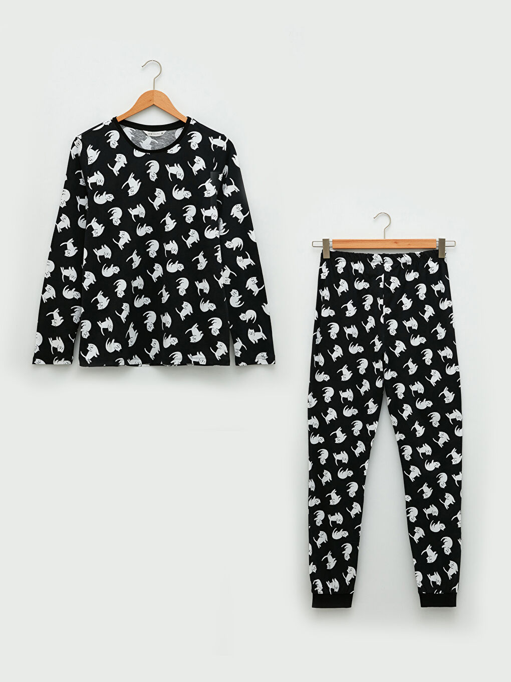 Set de pijama din bumbac cu mânecă lungă imprimată și guler rotund pentru femei-5