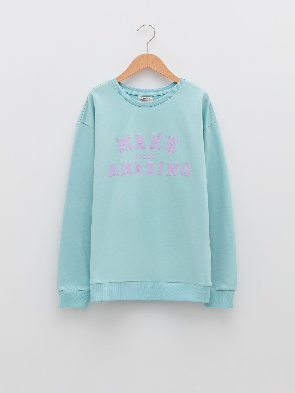 Turkuaz Bisiklet Yaka Yazı Baskılı Uzun Kollu Kız Çocuk Sweatshirt