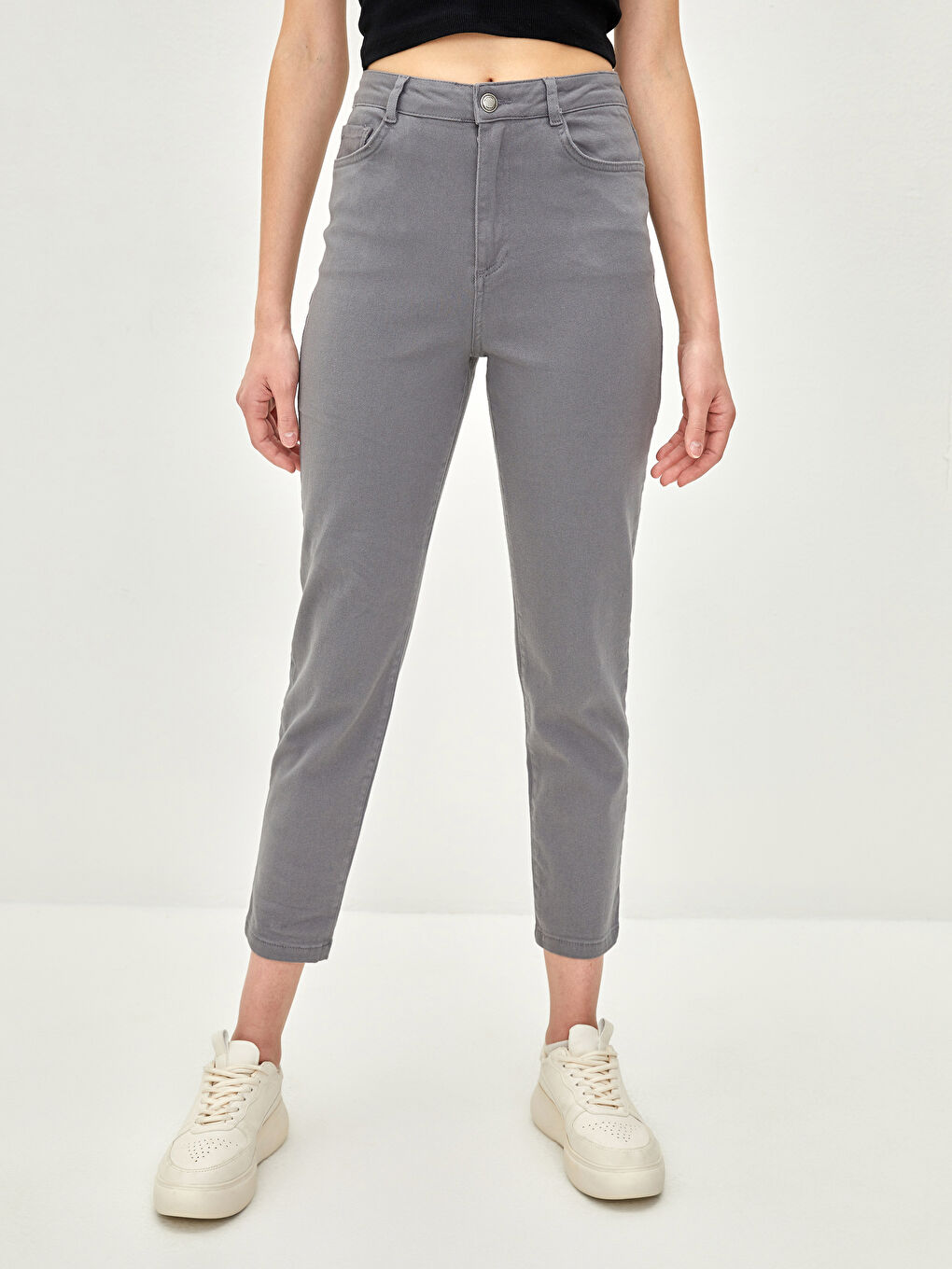 Әйелдерге арналған қалыпты бел тар пішім түзу қалта детальды саржа шалбар-2