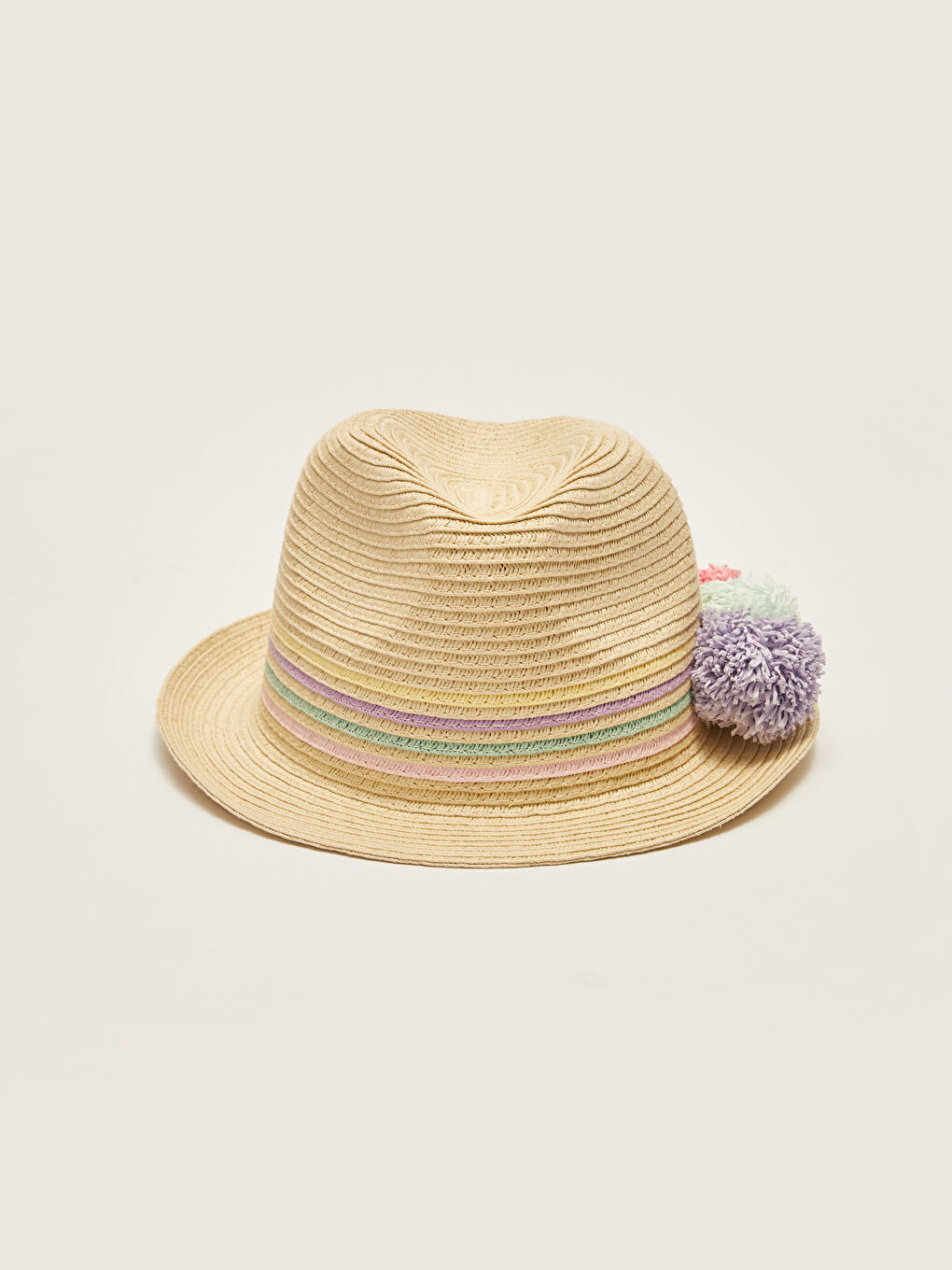 Pompom Detailed Girl Straw Fedora Hat -S27155Z4-FQB