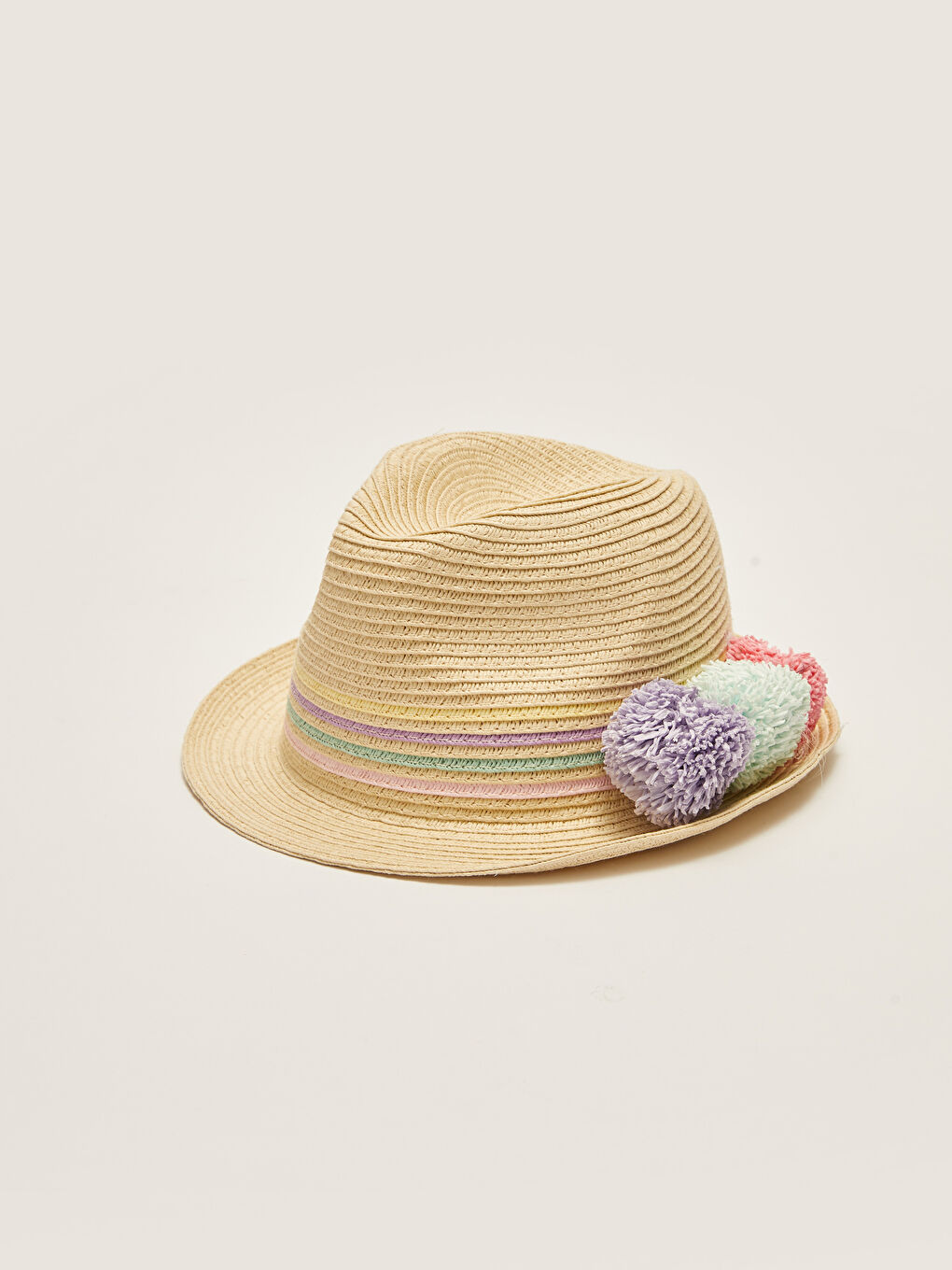 Pompom Detailed Girl Straw Fedora Hat -S27155Z4-FQB