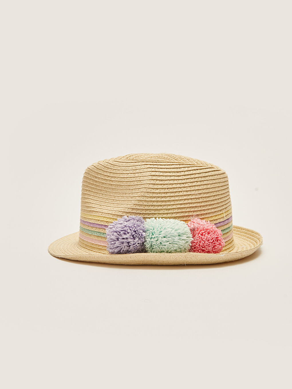 Pompom Detailed Girl Straw Fedora Hat -S27155Z4-FQB