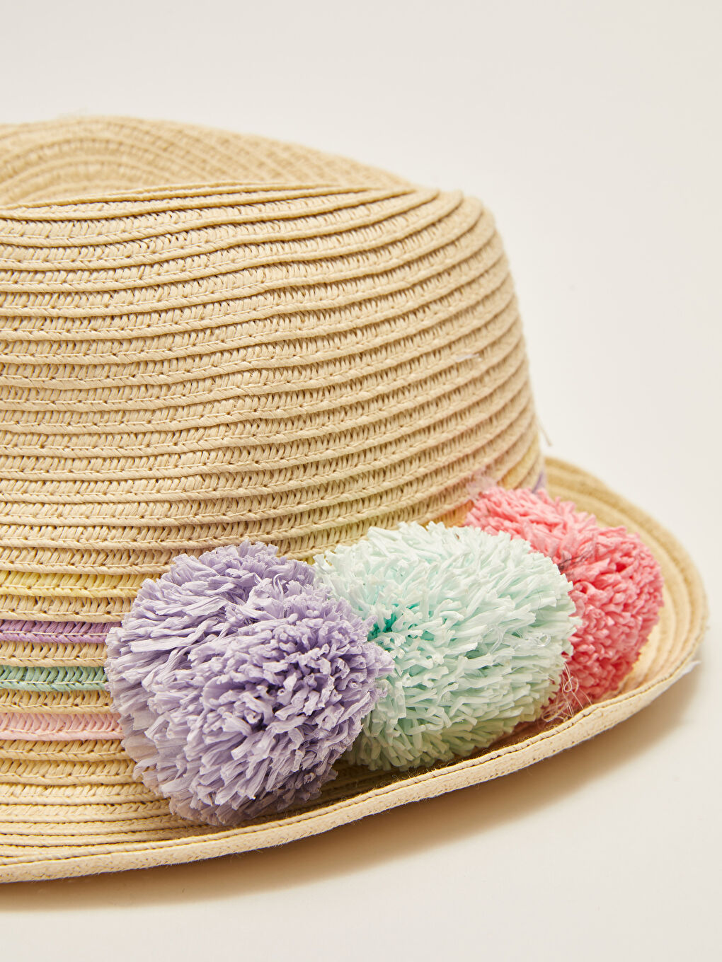 Pompom Detailed Girl Straw Fedora Hat -S27155Z4-FQB