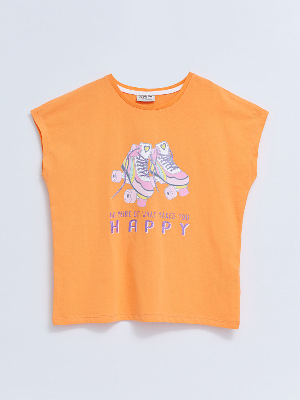 Turuncu Bisiklet Yaka Baskılı Kısa Kollu Pamuklu Kız Çocuk Tişört