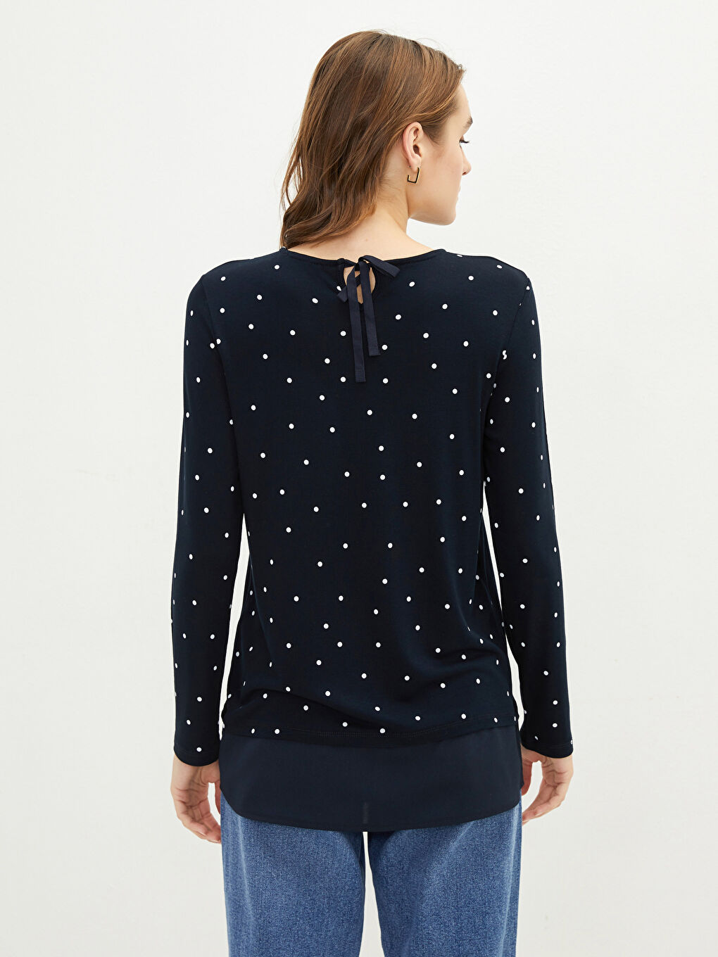 Lacivert Bisiklet Yaka Puantiyeli Uzun Kollu Viskon Kadın Tişört-5