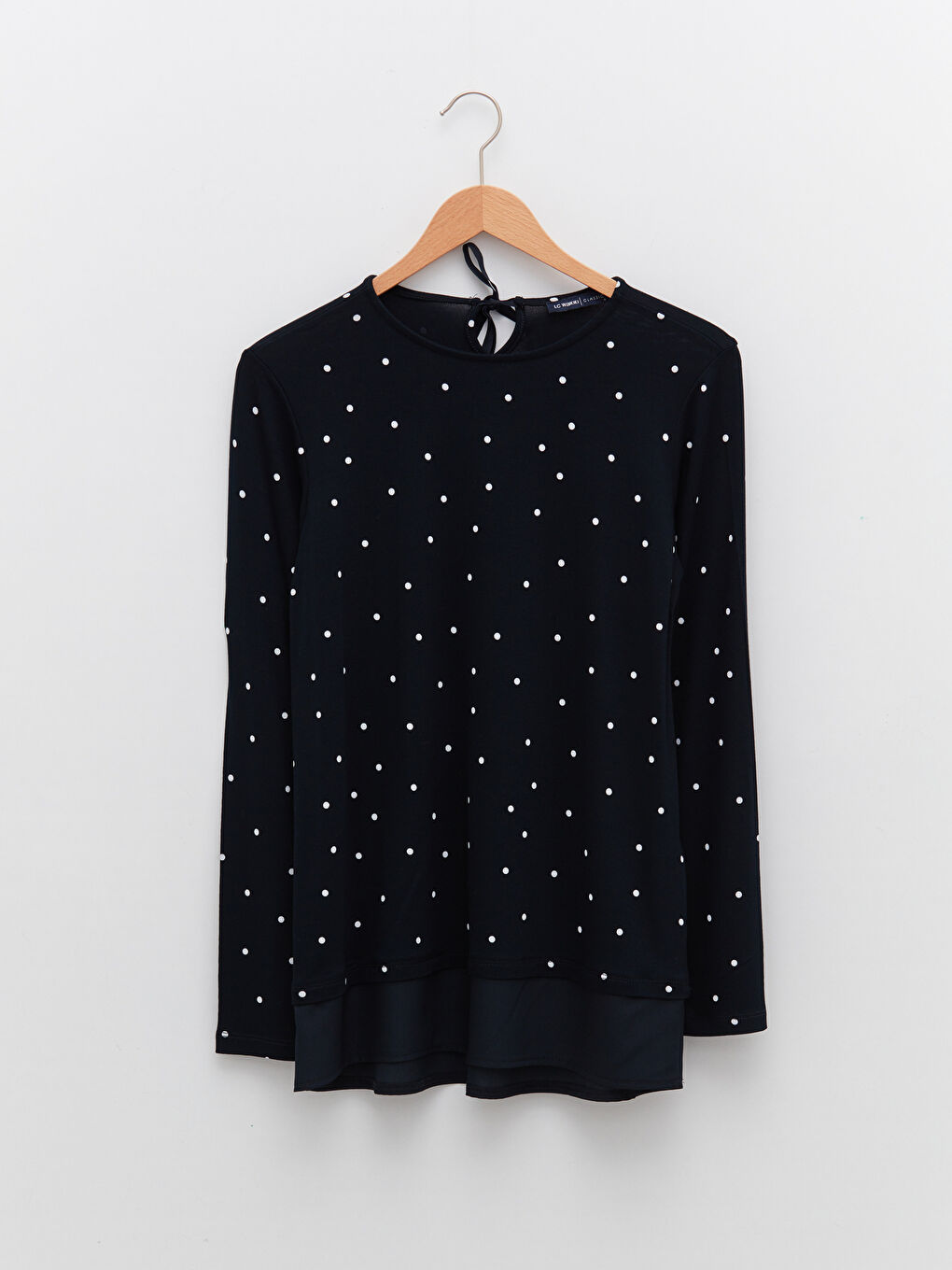 Lacivert Bisiklet Yaka Puantiyeli Uzun Kollu Viskon Kadın Tişört-6