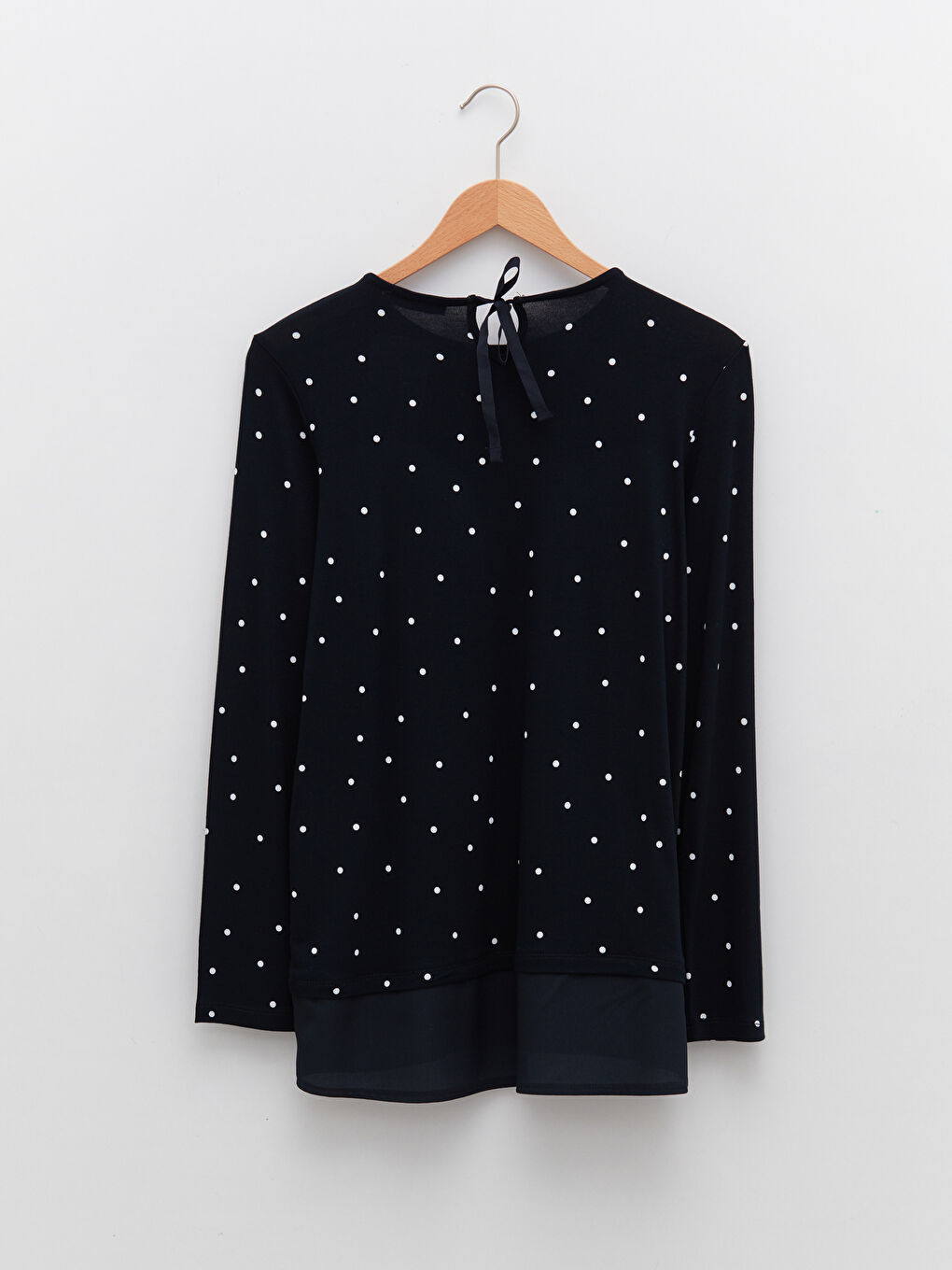 Lacivert Bisiklet Yaka Puantiyeli Uzun Kollu Viskon Kadın Tişört-7