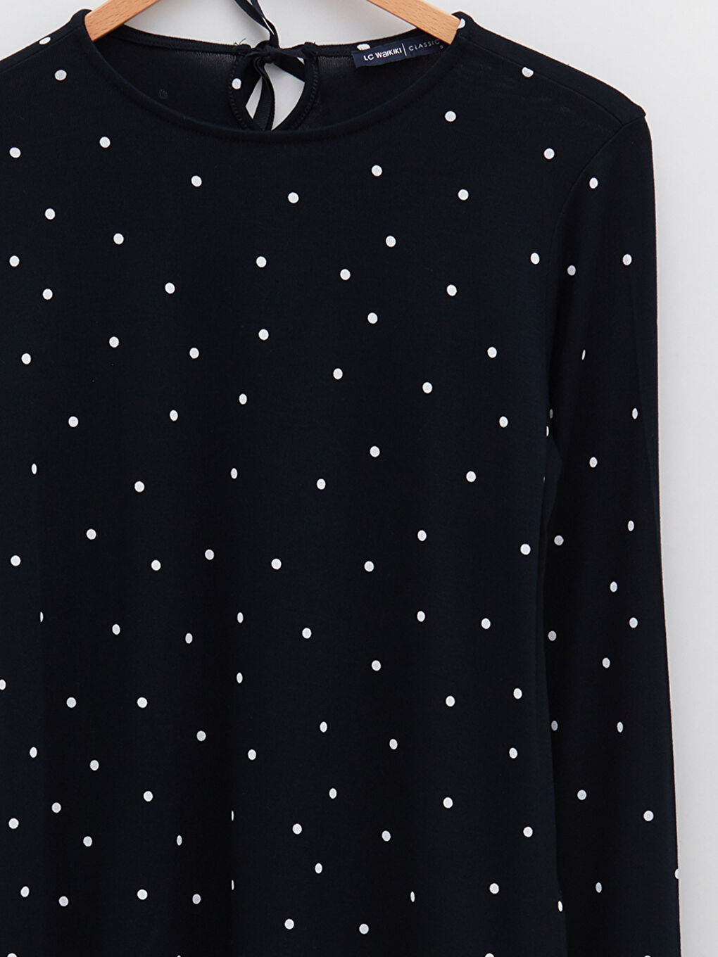 Lacivert Bisiklet Yaka Puantiyeli Uzun Kollu Viskon Kadın Tişört-8