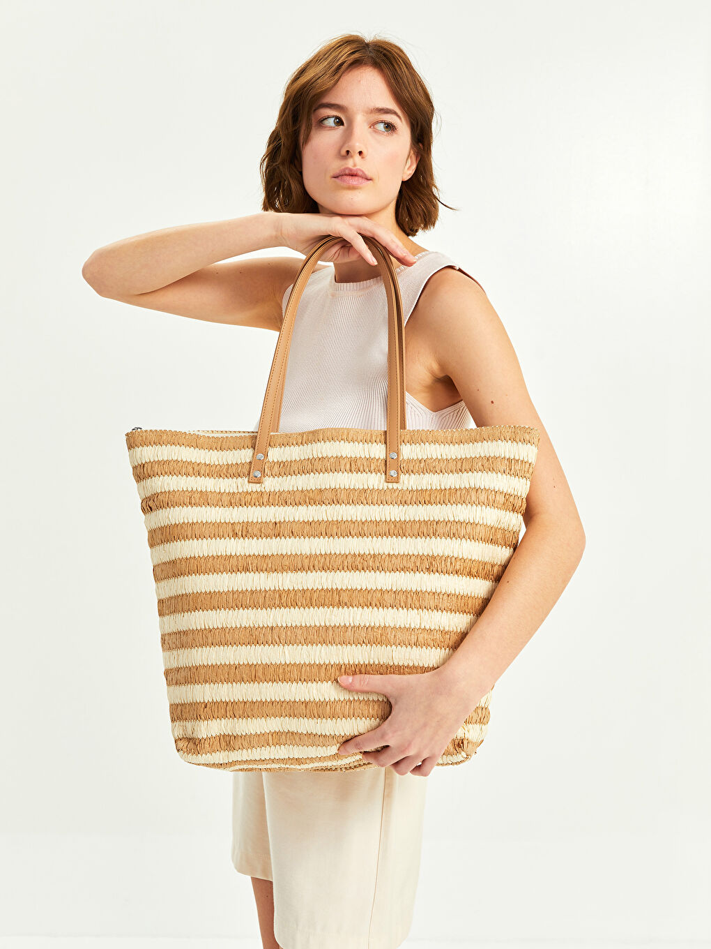 LCW ACCESSORIES Bej Hasır Çizgili Kadın Plaj Çantası - 2