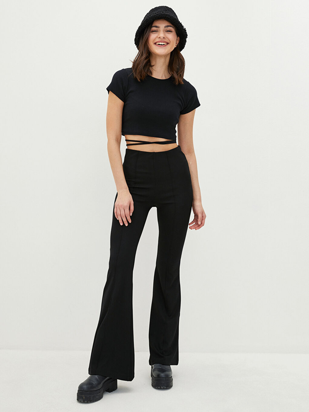 Normal Waist Slim Fit Straight Flared Women's Trousers-1
