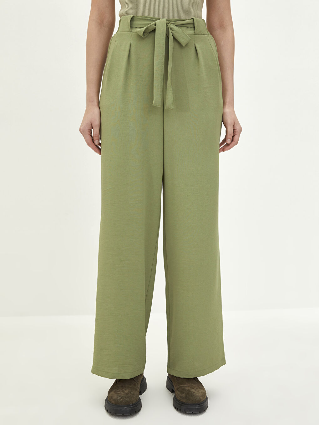 Әйелдерге арналған белі резеңкелі баумен безендірілген габардин мата шалбар-2