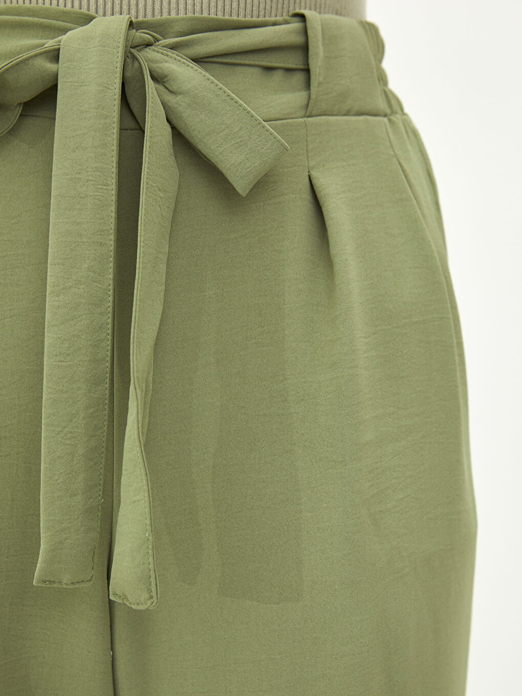 Әйелдерге арналған белі резеңкелі баумен безендірілген габардин мата шалбар-3