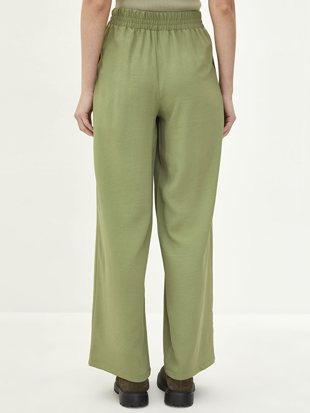 Әйелдерге арналған белі резеңкелі баумен безендірілген габардин мата шалбар-4