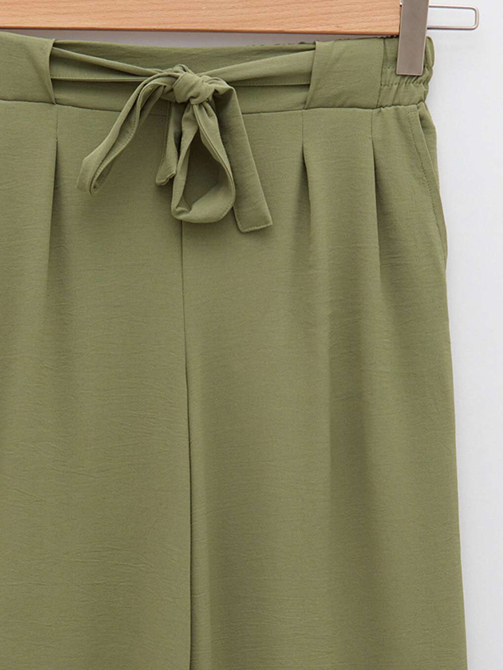 Әйелдерге арналған белі резеңкелі баумен безендірілген габардин мата шалбар-7