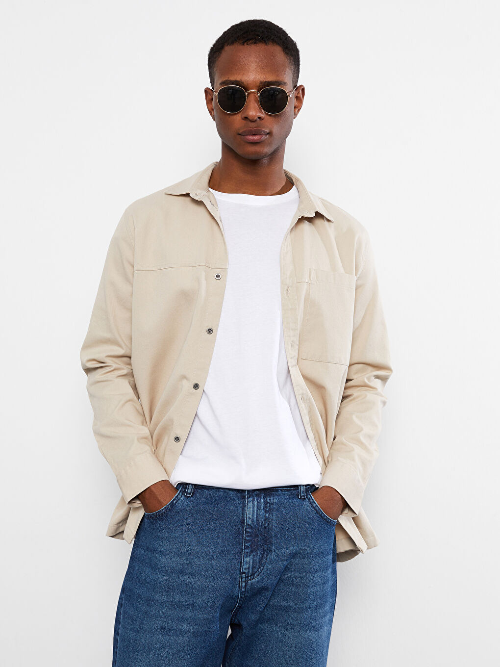 Bej Regular Fit Uzun Kollu Gabardin Erkek Gömlek-1