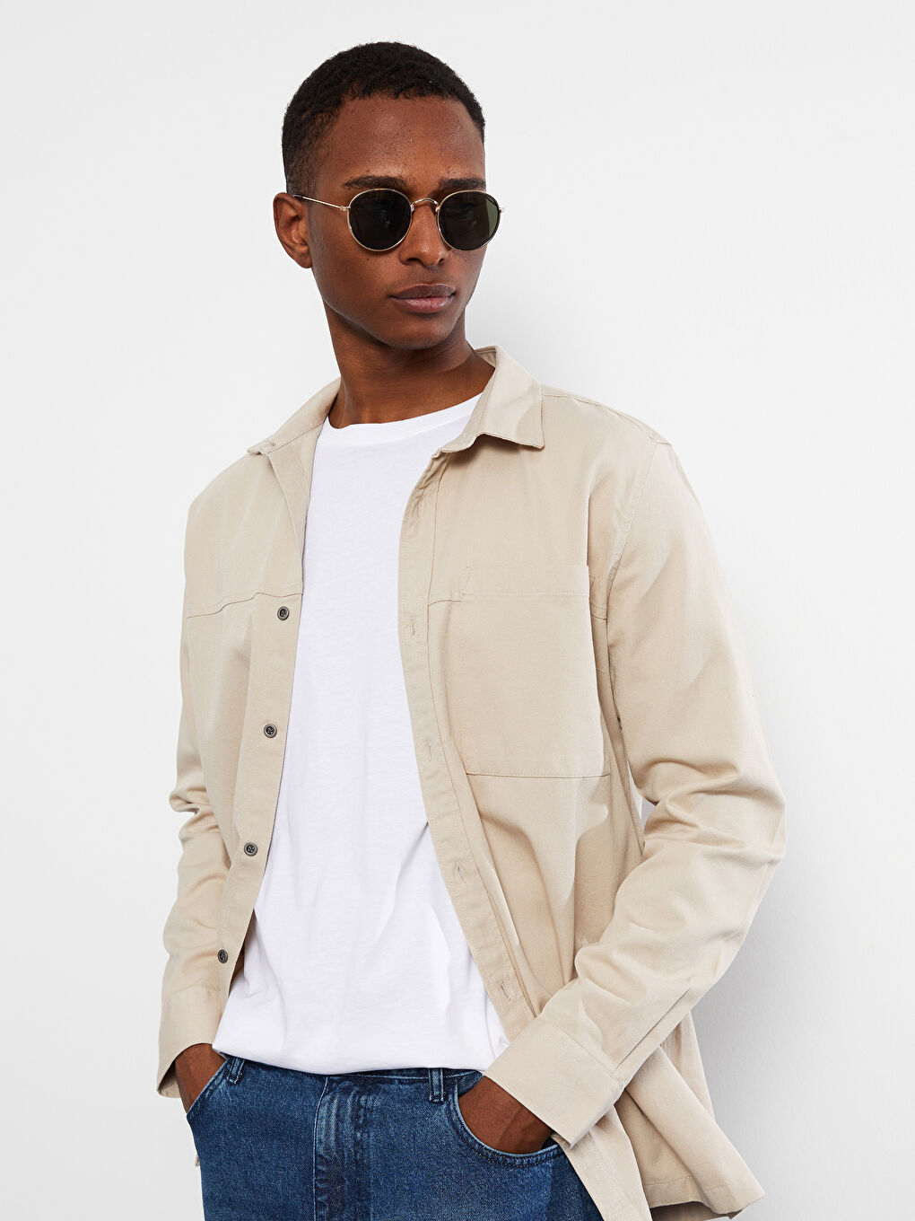 Bej Regular Fit Uzun Kollu Gabardin Erkek Gömlek-2