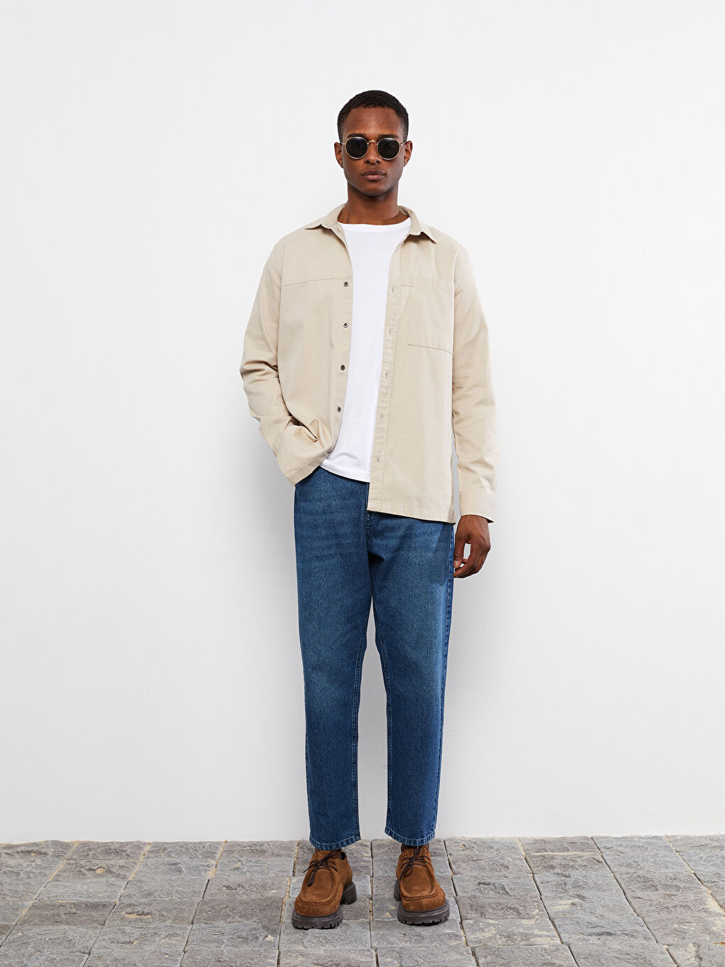 Bej Regular Fit Uzun Kollu Gabardin Erkek Gömlek-3