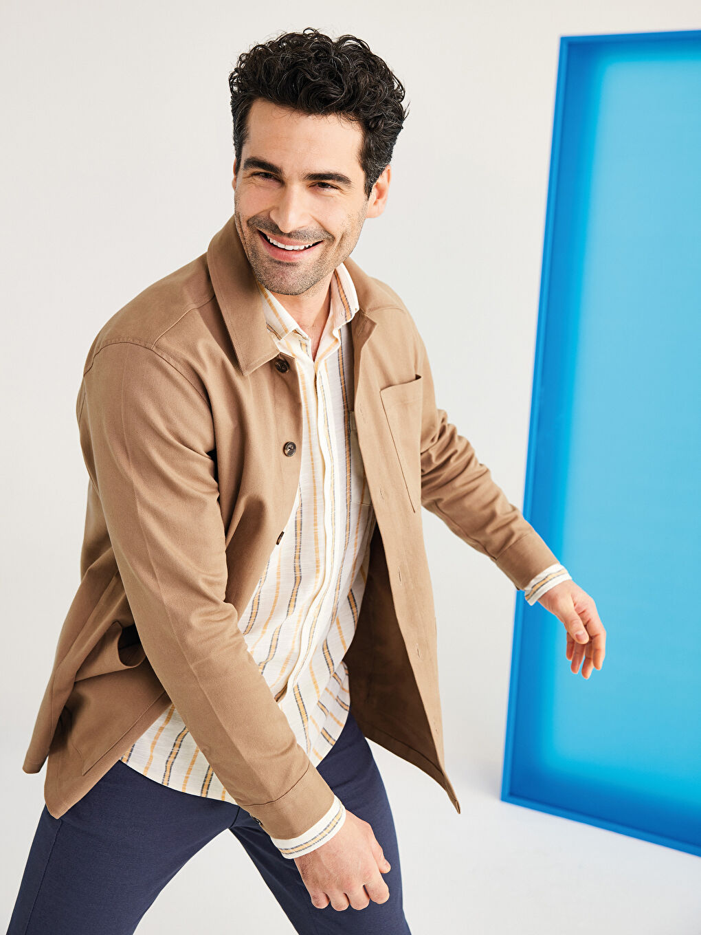 Bej Regular Fit Uzun Kollu Gabardin Erkek Gömlek Ceket
