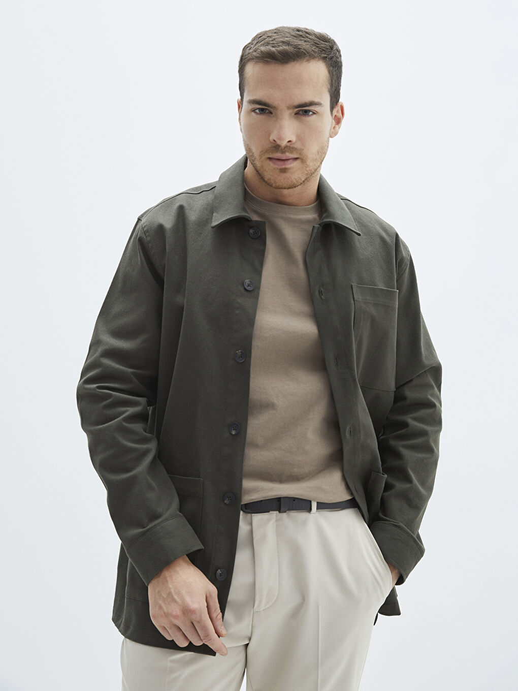 Haki Regular Fit Uzun Kollu Gabardin Erkek Gömlek Ceket