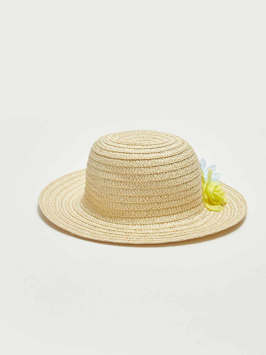 Bej Çiçek Detaylı Kız Çocuk Hasır Şapka-1