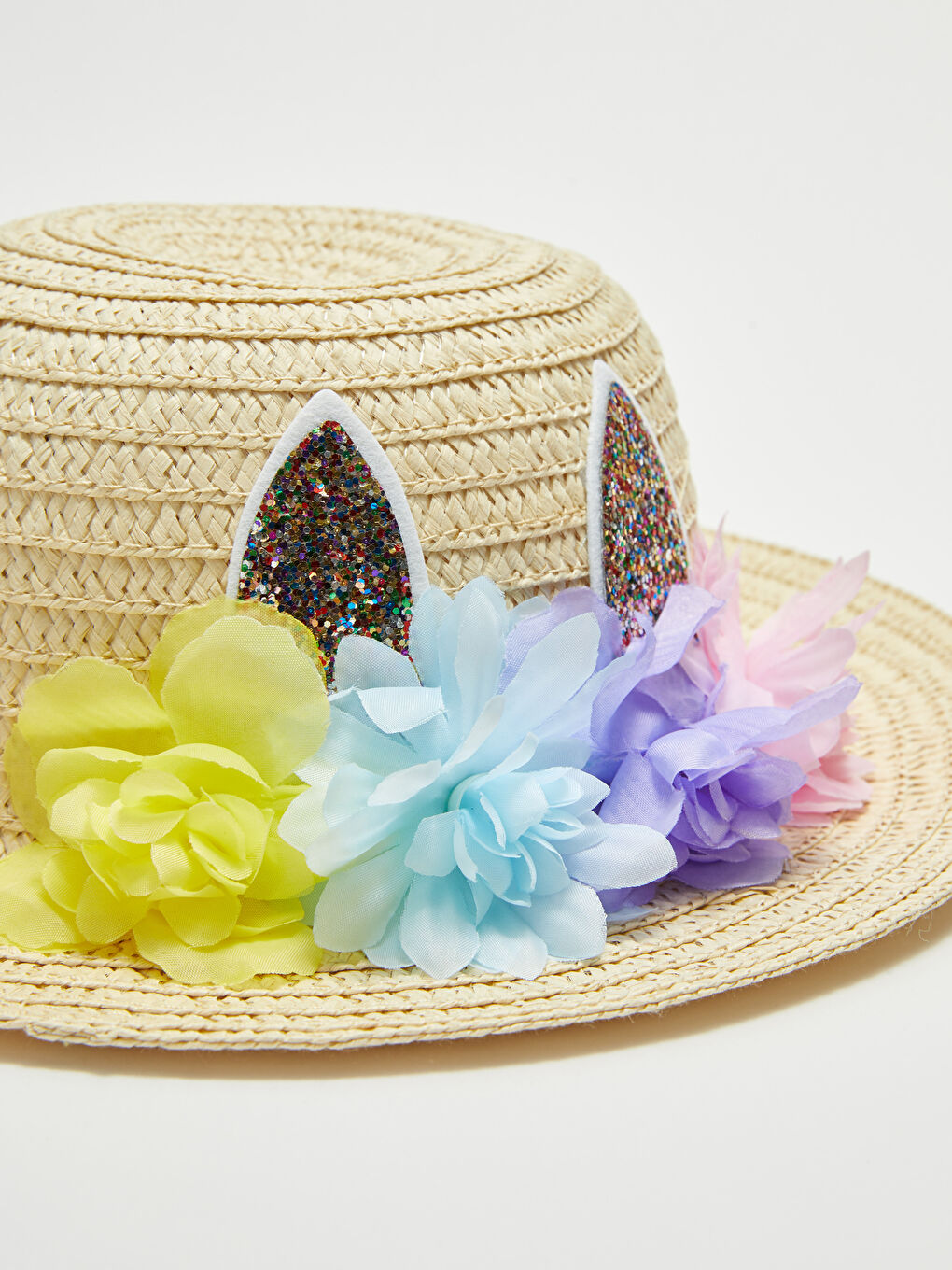 Bej Çiçek Detaylı Kız Çocuk Hasır Şapka-2