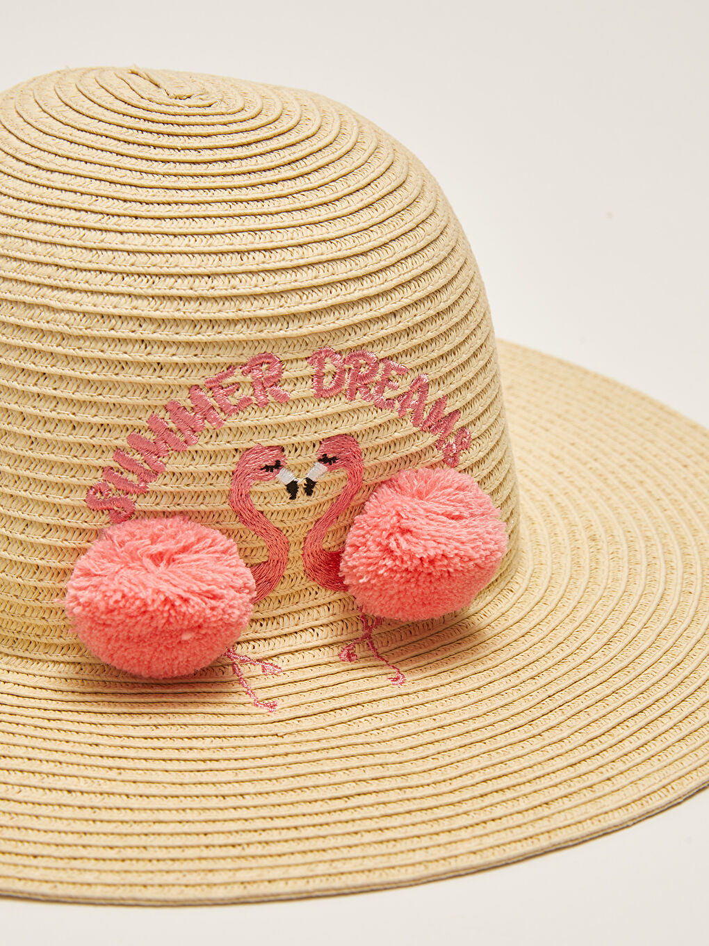 Embroidered Pompom Detail Girl's Straw Fedora Hat -S27398Z4-DMQ
