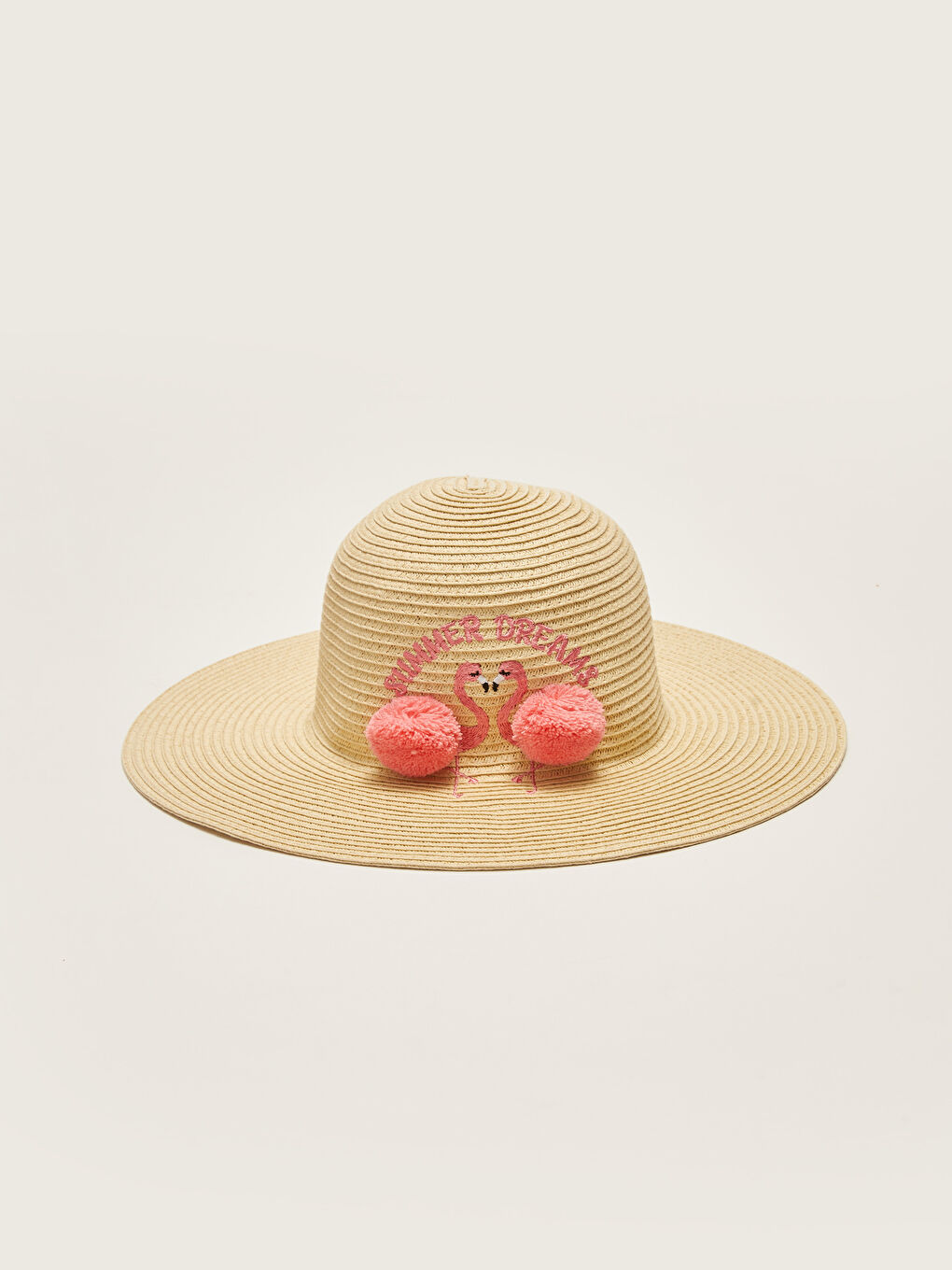 Embroidered Pompom Detail Girl's Straw Fedora Hat -S27398Z4-DMQ