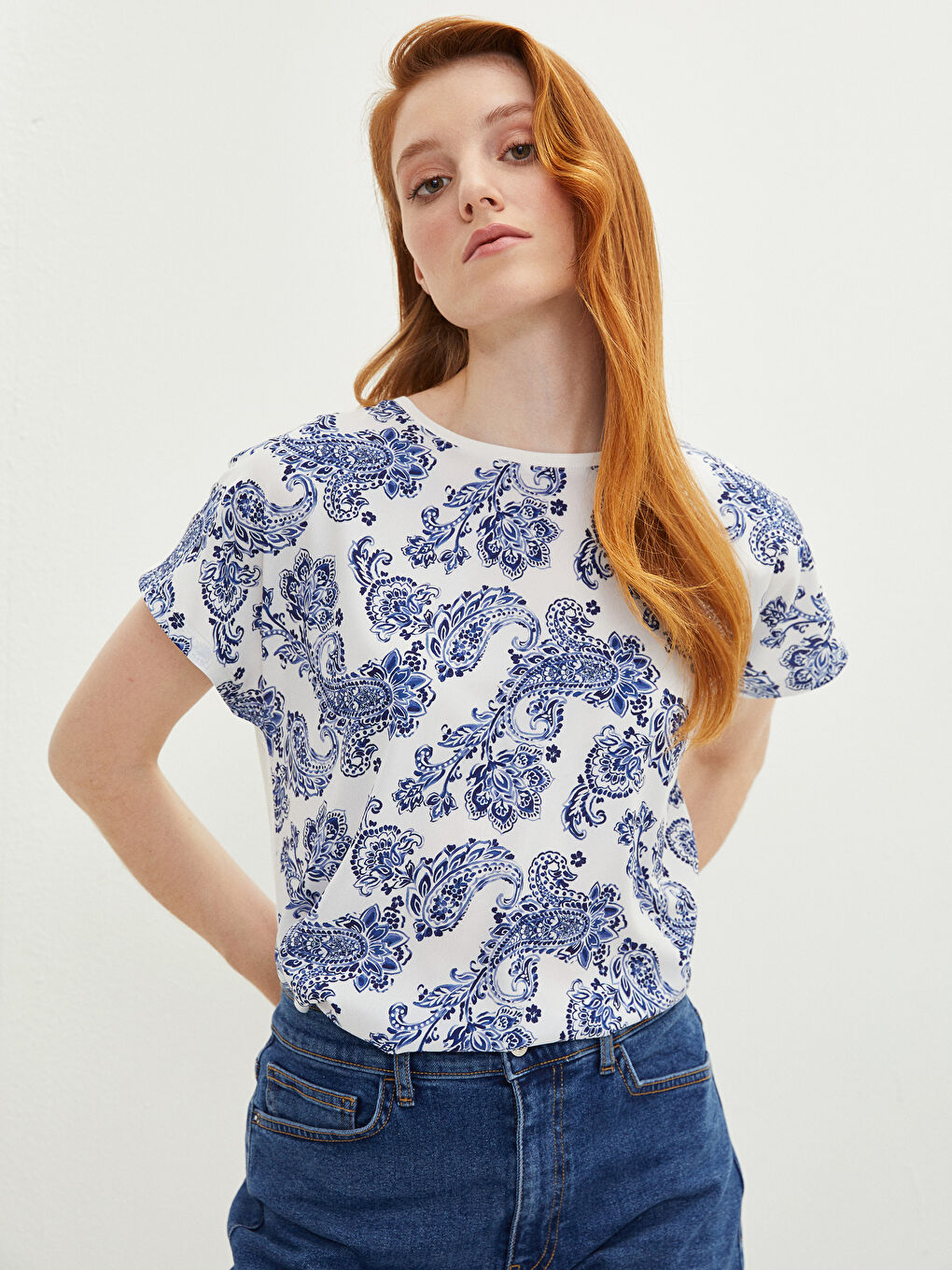 Crew Neck Patterned Short Sleeve Women's T-Shirt-1