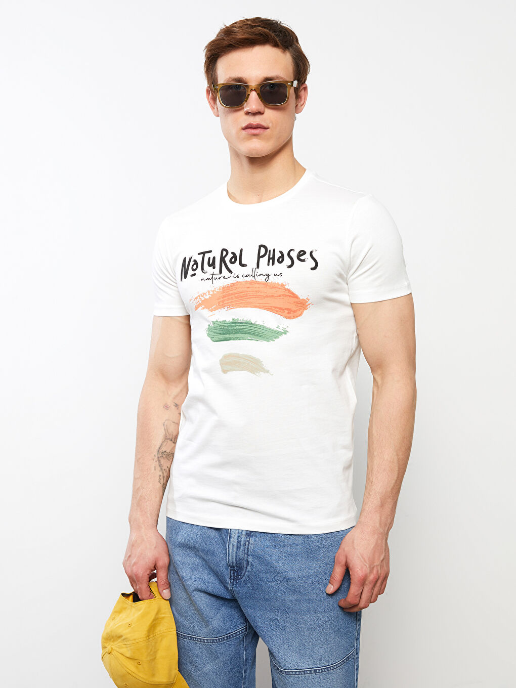 Ekru Bisiklet Yaka Kısa Kollu Baskılı Penye Erkek Tişört-2