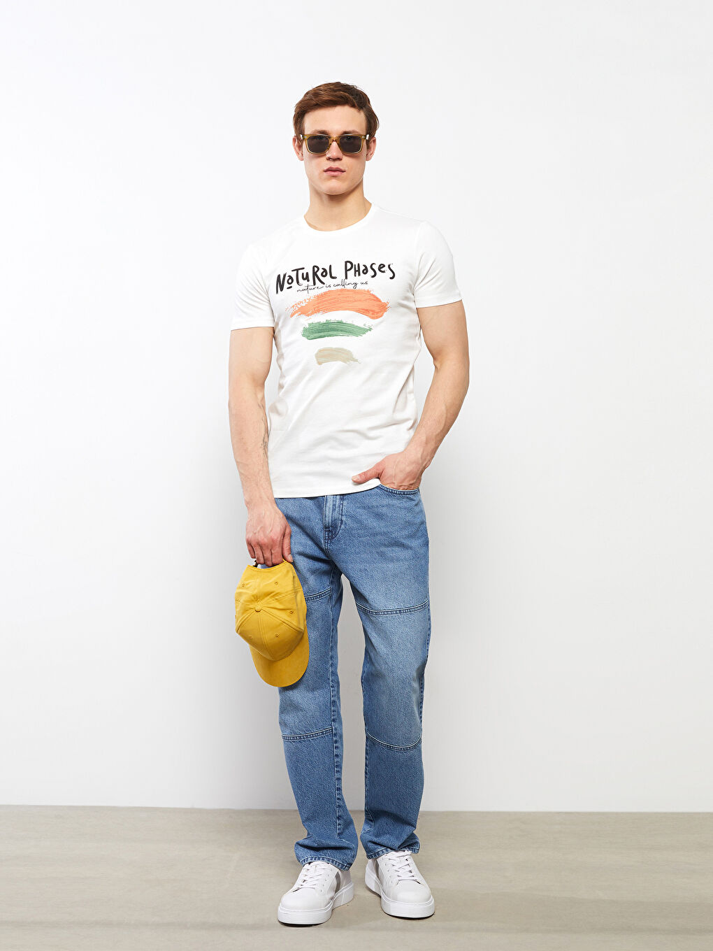 Ekru Bisiklet Yaka Kısa Kollu Baskılı Penye Erkek Tişört-3