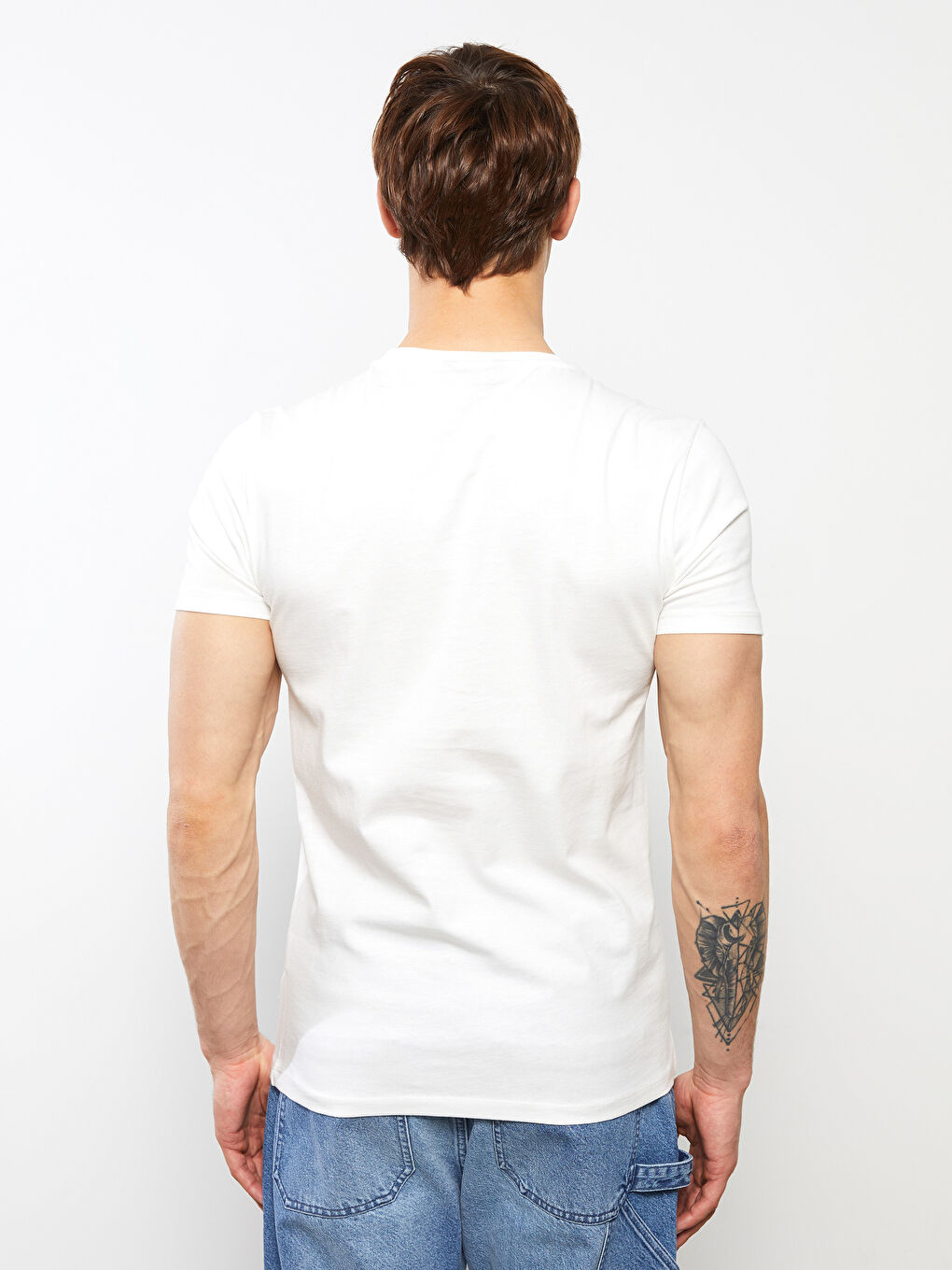 Ekru Bisiklet Yaka Kısa Kollu Baskılı Penye Erkek Tişört-5