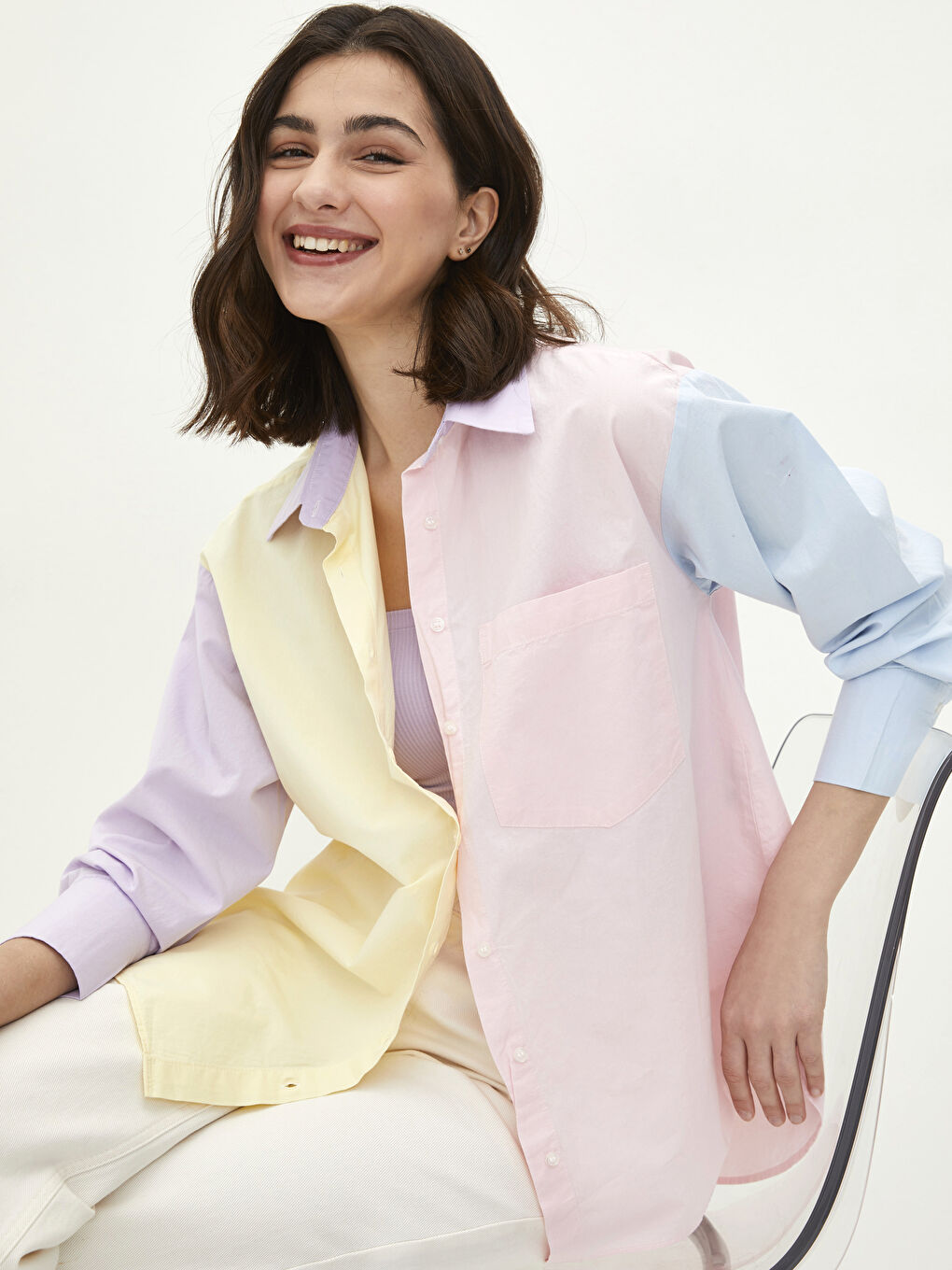 新品未使用　OUTERSUNSET wide sleeve shirt ピンク LCW Vision Front Button Closure Striped Long Sleeve Poplin