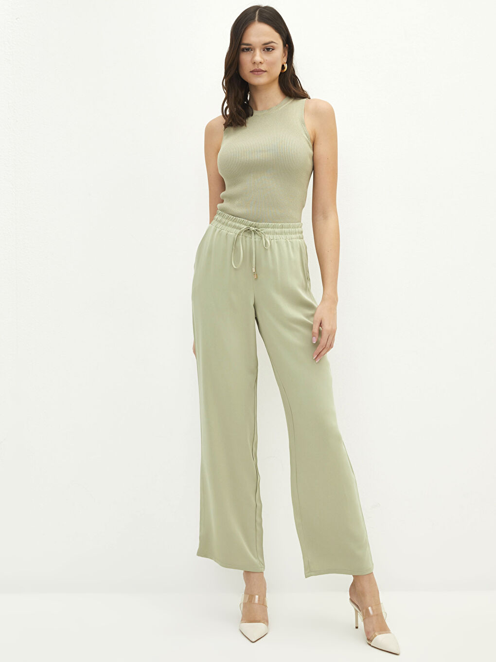 Elastic Waist Comfortable Fit Pocket Detailed Viscose Women's Trousers-1