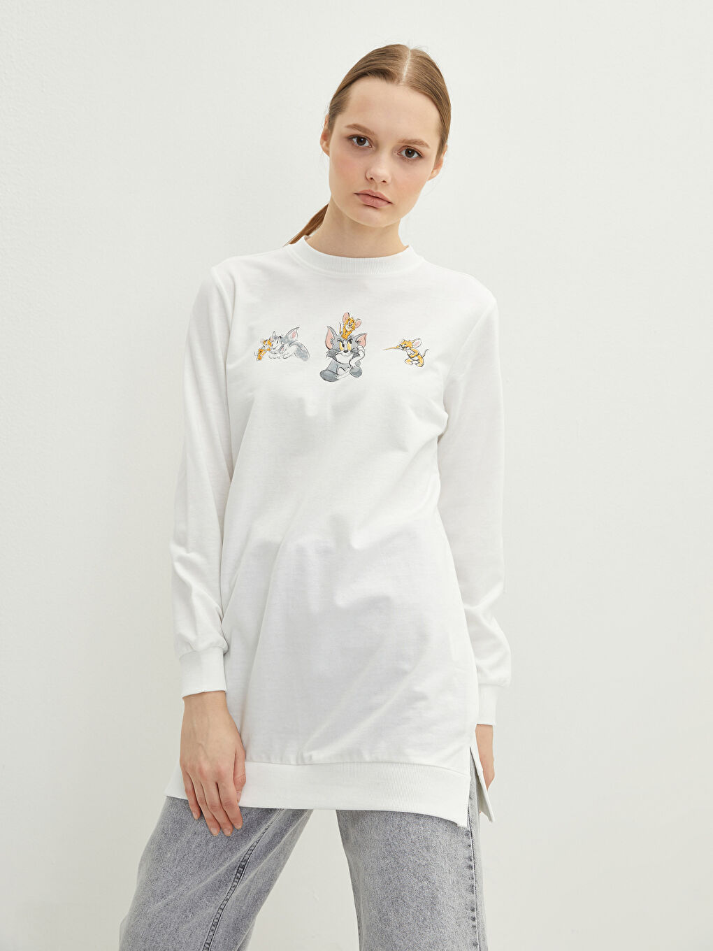 Crew Neck Tom&Jerry Printed Long Sleeve Women's Sweatshirt Tunic