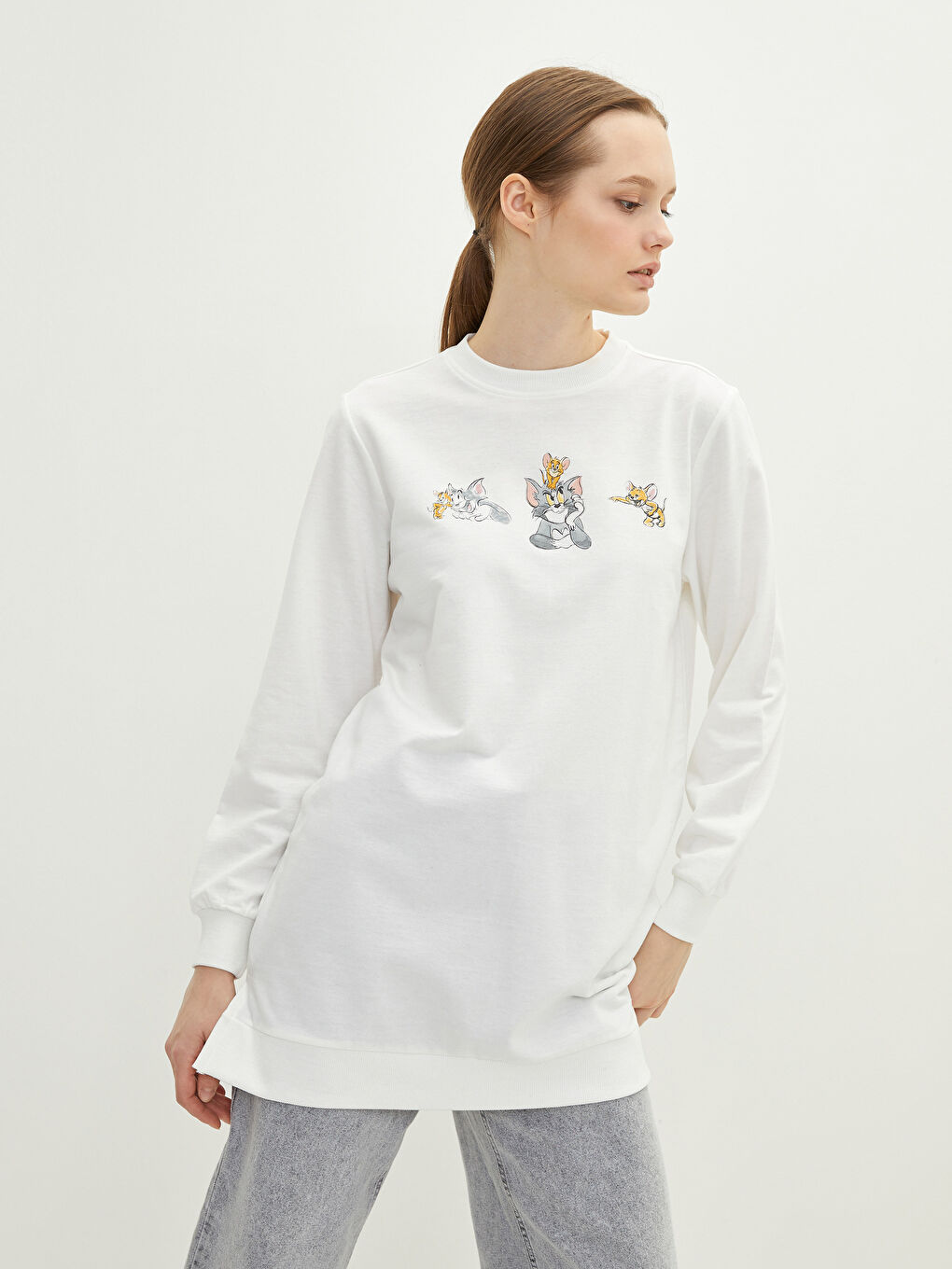 Crew Neck Tom&Jerry Printed Long Sleeve Women's Sweatshirt Tunic-2
