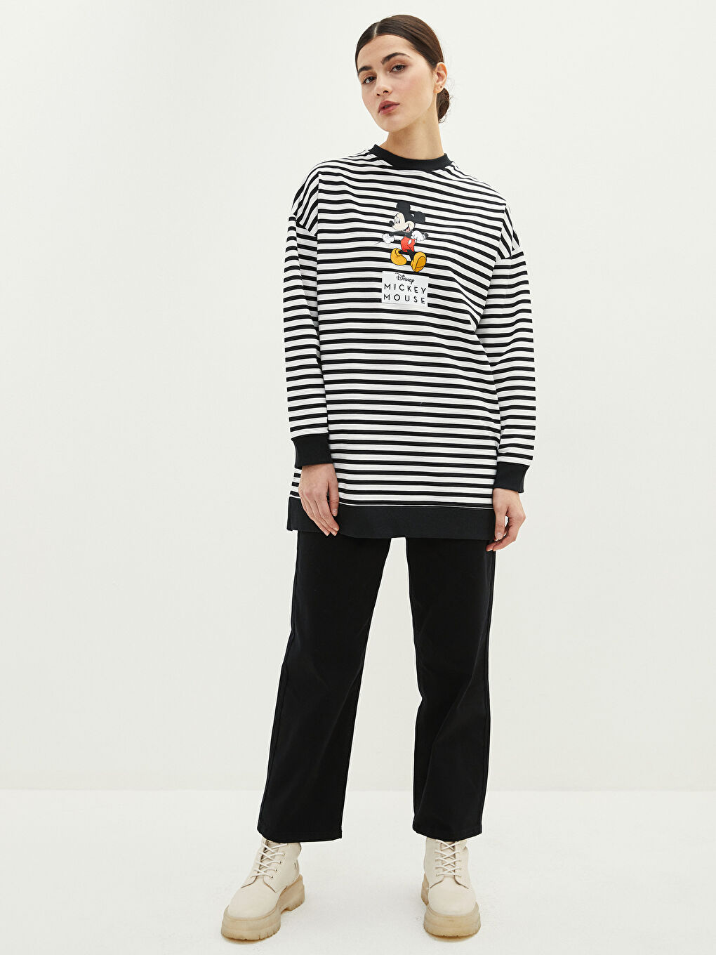 LCW Modest Crew Neck Striped Mickey Mouse Printed Long Sleeve Oversize Women's Sweatshirt Tunic -S27500Z8-LEG