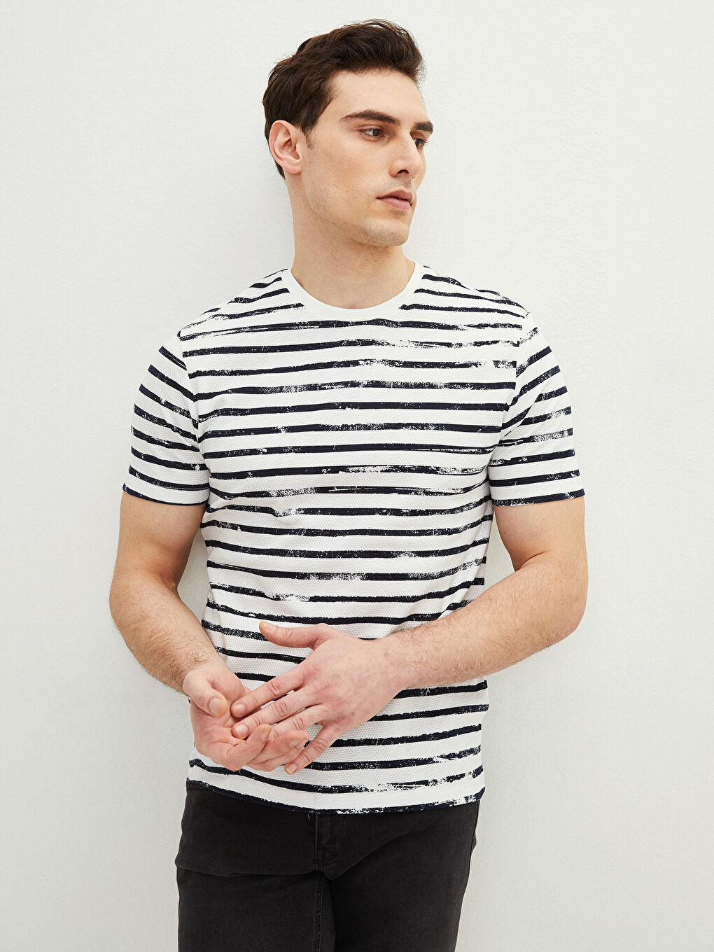 Lacivert Bisiklet Yaka Kısa Kollu Çizgili Pike Erkek Tişört