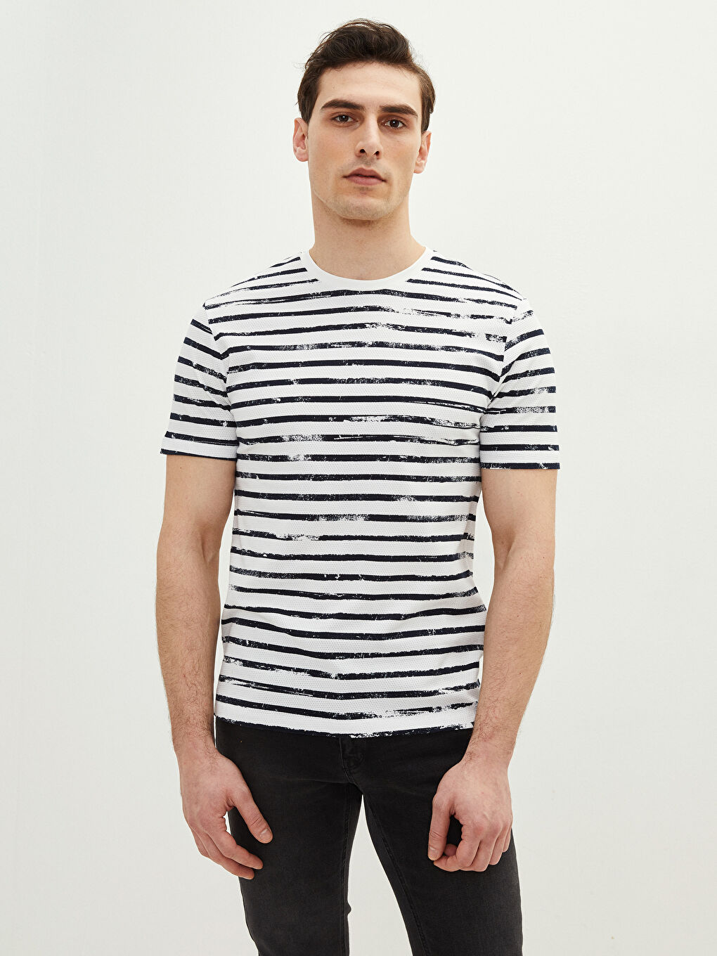 Lacivert Bisiklet Yaka Kısa Kollu Çizgili Pike Erkek Tişört-1