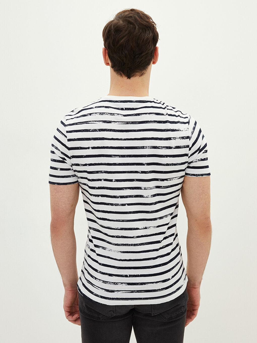 Lacivert Bisiklet Yaka Kısa Kollu Çizgili Pike Erkek Tişört-4