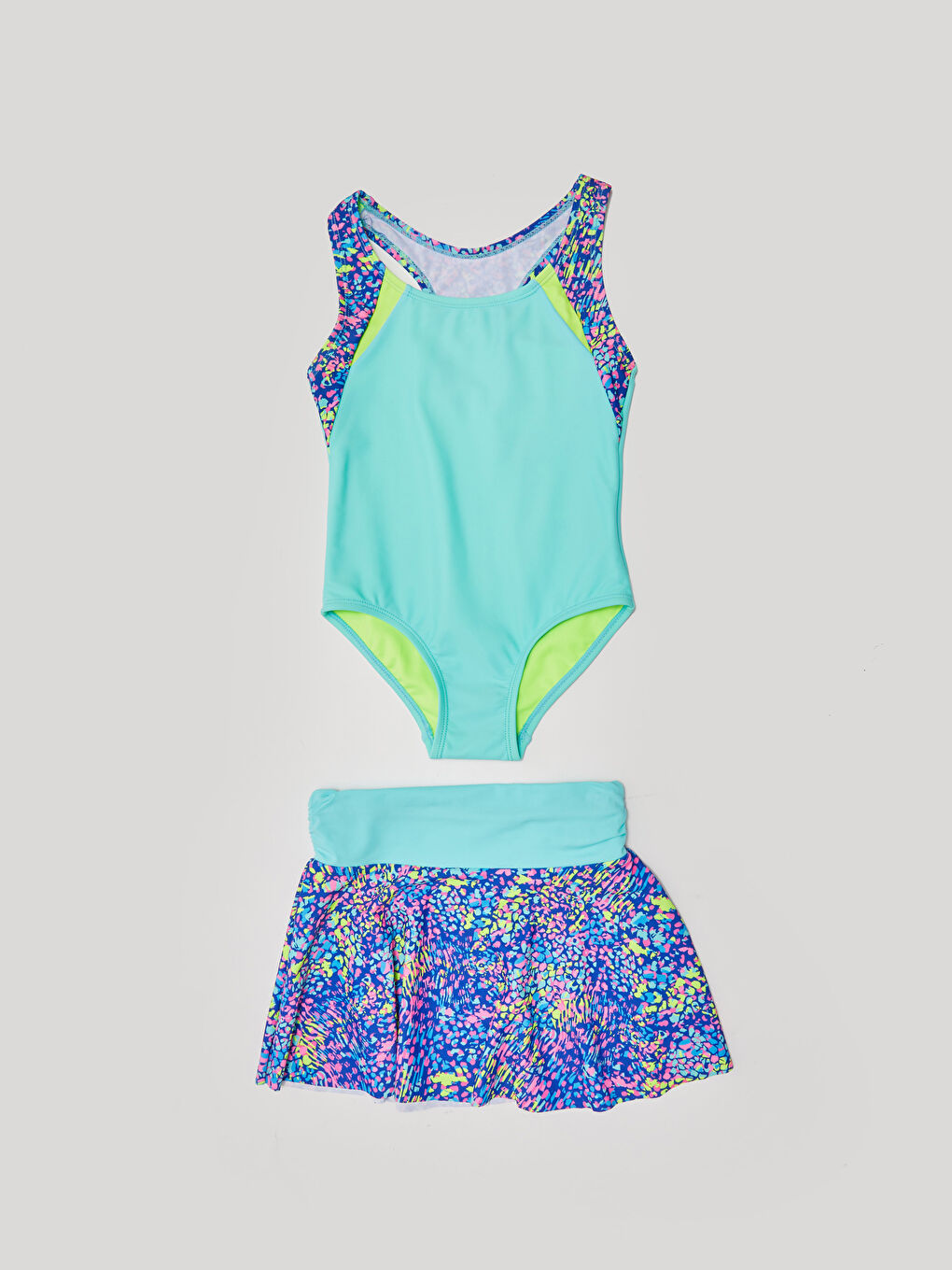 Turkuaz Esnek Kumaştan Baskılı Kız Çocuk Mayo ve Etek-1