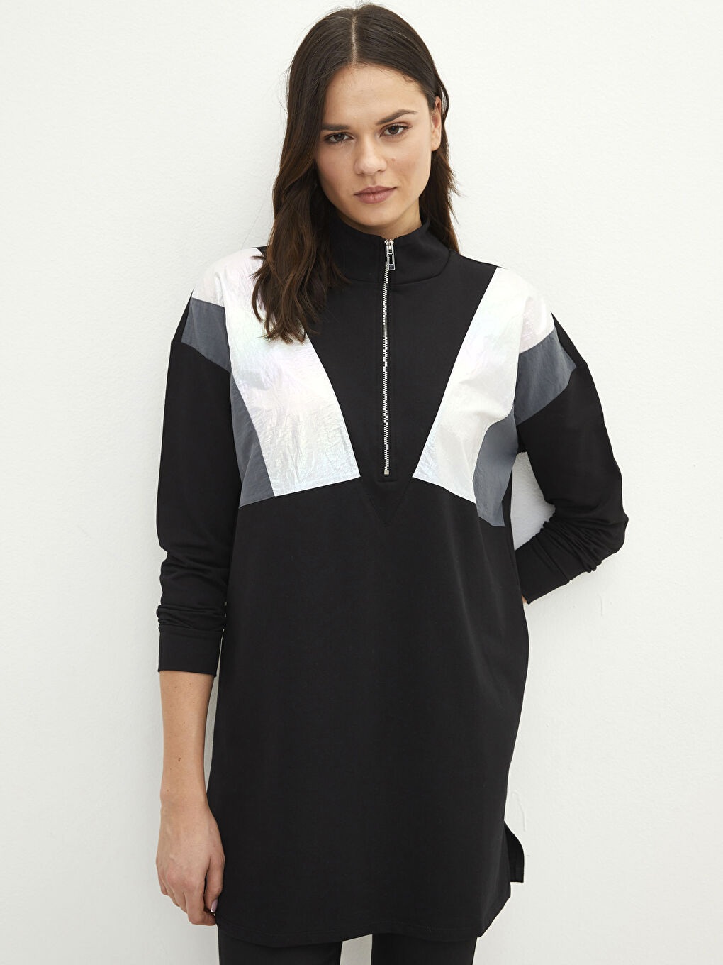 Standing Collar Color Block Long Sleeve Women's Sweatshirt Tunic